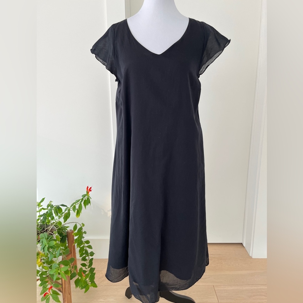 LUNAR Black Flutter Sleeve Sheer Lined A Line Dress Lagenlook Minimalist Travel